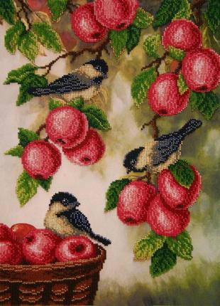 Набор для вышивки бисером " богатый урожай яблок " синица, корзина, лето, сад, частичная выкладка, 30x40 см