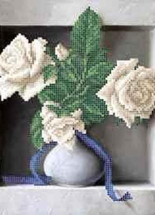 Схема для вышивки бисером " белая роза " частичная выкладка, заготовка, 24х24 см
