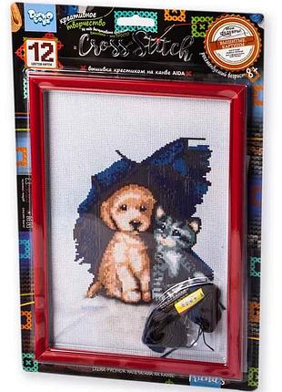 Набір для вишивки хрестиком на канві з рамкою "кішечка та собачка" aida, муліне, дитяча творчість, 28,5x19,5 см