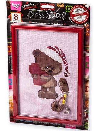 Набір для вишивання хрестиком на канві з рамкою " новорічний ведмедик " aida муліне дитяча творчість 28,5x19,5 см