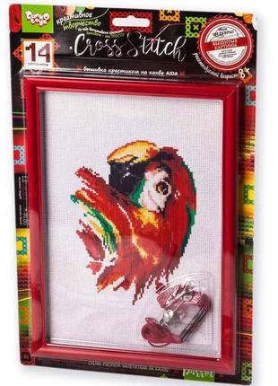 Набір для вишивки хрестиком на канві з рамкою "червоний ара" aida, муліне, дитяча творчість, 28,5x19,5 см