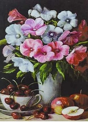 Алмазна вишивка "букет мальви" вишня яблуко ваза натюрморт повна викладка мозаїка 5d набори 30х40 см