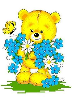 Набір для вишивання нитками хрестом " плюшевий ведмедик з букетом " тедді нитки муліне голка канва з малюнком