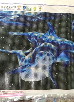 Алмазна вишивка "дельфіни", море, захід сонця, прибій, повна викладка, ,мозаїка 5d, набори 30х40 см2 фото