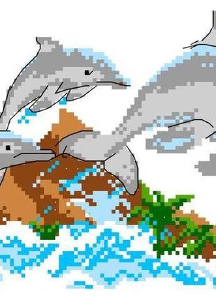 Набор для вышивания нитками крестом " семья дельфинов " нитки, мулине, канва, игла, канва с рисунком