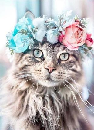 Набор алмазной мозаики вышивки кошка с венком на голове полная выкладка 5d наборы 30х40 см
