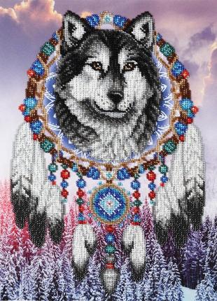 Набір для вишивки бісером "ловець снів" оберіг, ліс, сніг, вовк, небо, амулет часткова викладка, 25х33.5 см