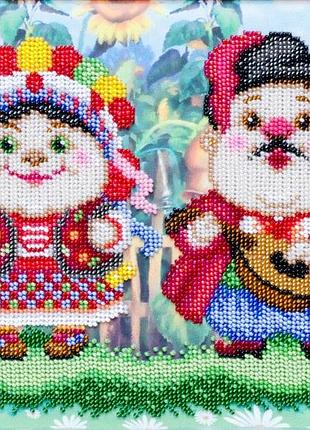 Набор для вышивки бисером " кум с кумой  " подсолнух, частный дом,  частичная выкладка 29х20 см