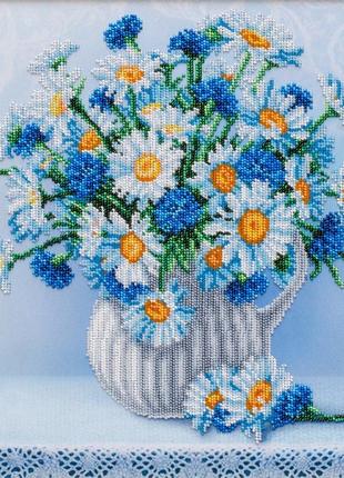 Набір для вишивки бісером "ромашки і васильки" мак квіти, букет, сад, часткова викладка, чехія, 25х25 см