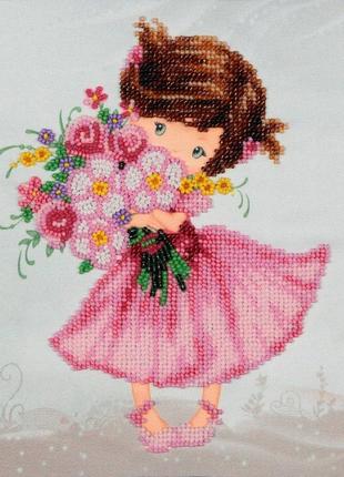 Набор для вышивки бисером девочка с букетом принцесса маленькая девочка частичная выкладка,чехия 18х21 см