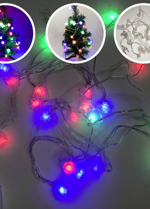 Гирлянда светодиодная цветочки разноцветные, провод прозрачный, 3м