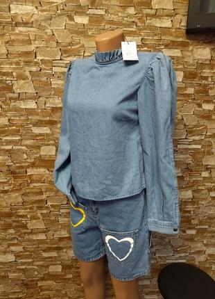Джинсова блуза,топ,кроп топ,об'ємний рукав,джинсова сорочка,рубашка,блискавка на спинці, primark1 фото