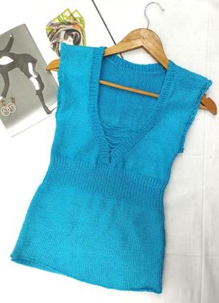 Бирюзовый свитер жилетка серебристая нитка handmade