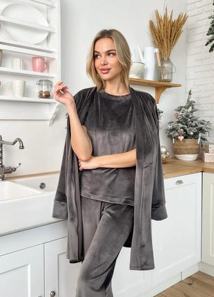 Женская зимняя теплая велюровая пижама с халатом бирюзовая розовая серая графитовая бордовая баклажановая7 фото