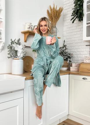 Женская зимняя теплая велюровая пижама с халатом бирюзовая розовая серая графитовая бордовая баклажановая4 фото