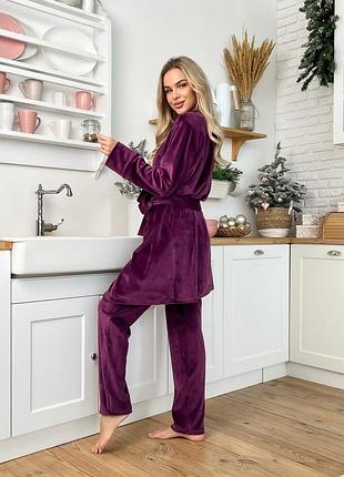 Женская зимняя теплая велюровая пижама с халатом бирюзовая розовая серая графитовая бордовая баклажановая8 фото