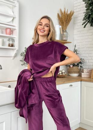 Женская зимняя теплая велюровая пижама с халатом бирюзовая розовая серая графитовая бордовая баклажановая9 фото