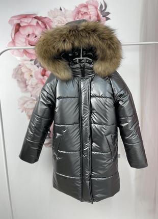 Зимове пальто на флісі всередині з хутром єнота до -30 морозу плащівка сіра під шкіру3 фото