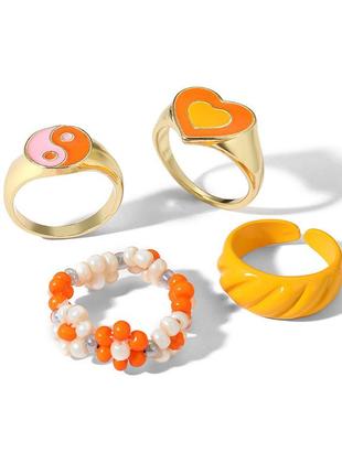 Кольцо / набор колец / 18.5 - 19 размер / женское кольцо / бижутерия / в цвете золото / сердечки / оранжевые
