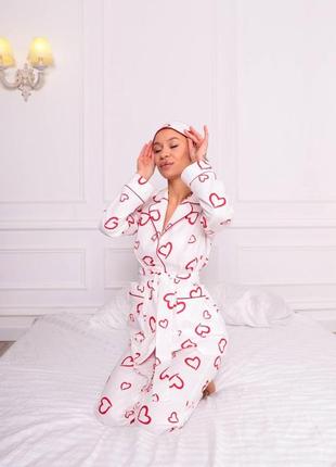Жіноча піжама бавовна з принтом сердечка домашній комплект брюки і сорочка білий3 фото