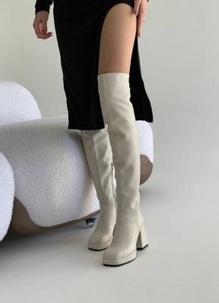 Привлекательные высокие кожаные сапоги ботфорты на каблуке молочные деми на флисе осень весна натуральная кожа осенние весенние3 фото