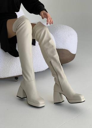Привлекательные высокие кожаные сапоги ботфорты на каблуке молочные деми на флисе осень весна натуральная кожа осенние весенние1 фото