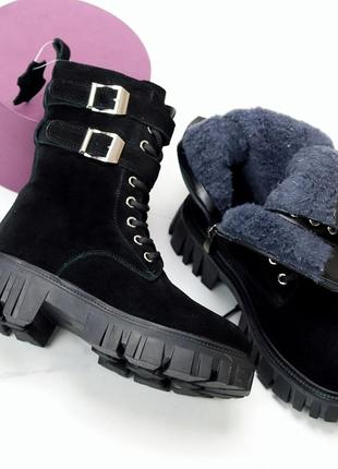 Зимові замшеві черевики з хутром натуральна замша ботинки зимні з пряжкою на шнуровці зима3 фото