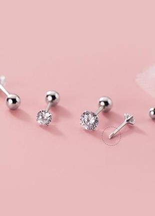 Срібні сережки з фіанітами, прості сережки з закруткою, розмір 3, 5 або 8 мм, срібло 925 проби.4 фото