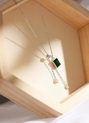Ланцюжок короткий зі смарагдовим великим каменем, підвіска-чокер, срібне покриття 925 проби, довжина 36+5 см