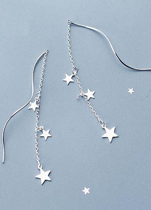 Серьги-протяжки серебряные звездная волна, длинные сережки со звездочками, серебро 925 пробы