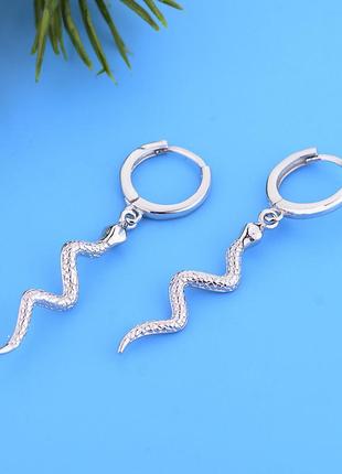 Серьги кольца серебряные змея, длинные серьги унисекс, серебро 925 пробы, покрытие родий или позолота7 фото
