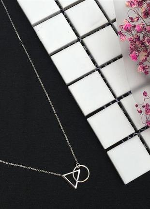 Подвеска геометрия, цепочка минимализм с кругом и треугольником, серебряное покрытие 925 пробы, длина 40+5 см