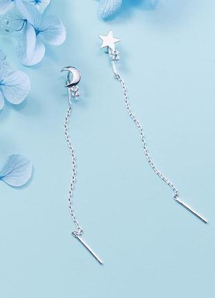 Серьги-протяжки серебряные звезда+луна в стиле минимализм, длинные сережки 65 мм, серебро 925 пробы1 фото
