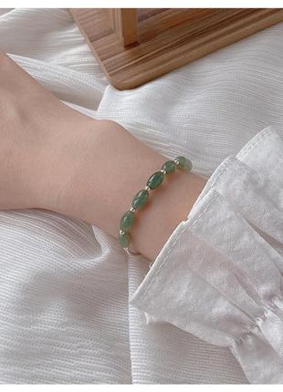 Браслет серебряный нефрит, аккуратный браслет с натуральным зеленым камнем нефрит, длина 15+2 см, серебро 925