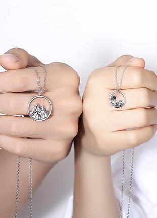 Парные серебряные подвески гора и море, цепочка + кулон на выбор, серебро 925 пробы, длина 46 и 44,5 см