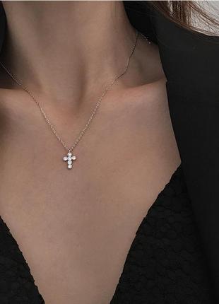 Цепочка с кулоном крестик с камнями, маленький блестящий крестик, серебряное покрытие 925 пробы, длина 40+5 см