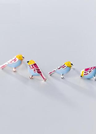 Серьги серебряные птички розово-голубые, милые детские сережки, серебро 925 пробы