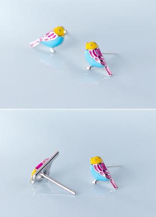 Серьги серебряные птички розово-голубые, милые детские сережки, серебро 925 пробы4 фото