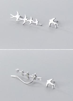 Сережки срібні клин птахів, сережки асиметричні матові, срібло 925 проби або позолота8 фото