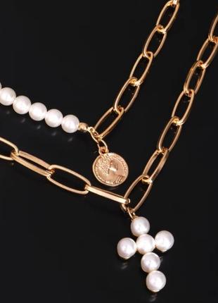 Многослойное ожерелье-цепочка с подвесками и искусственных жемчужин2 фото