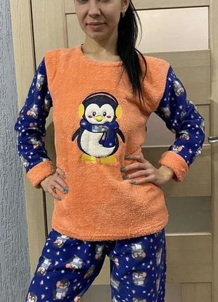 Женская тёплая пижама махра, турция супер качество, пижама синяя женская с пингвином , маска для сна