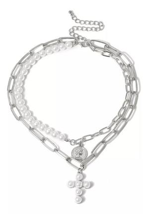 Многослойное ожерелье-цепочка с подвесками и искусственных жемчужин3 фото