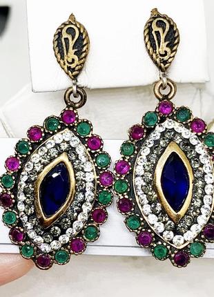 Сережки серебряные с сапфиром, рубином, изумрудом 14,92 г