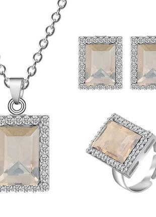Комплект бижутерии с светло-коричневыми кристаллами квадратной формы в серебряном цвете1 фото