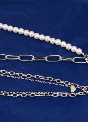 Многослойное асимметричное ожерелье-цепочка с искусственным жемчугом и подвесками в серебряном цвете4 фото