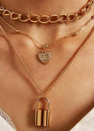 Винтажное многослойное ожерелье -цепочка с подвеской-замком и в форме сердца , чокер.1 фото
