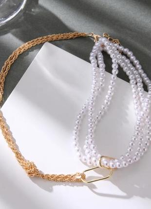 Уникальное асимметричное ожерелье-чокер с искусственным жемчугом и цепочкой.4 фото
