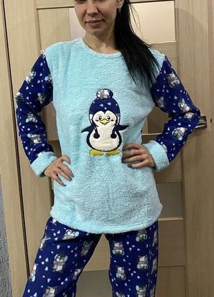 Женская тёплая пижама махра, турция супер качество, пижама синяя женская с пингвином , маска для сна