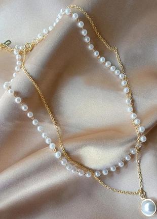 Двошарове намисто-чокер з намистинами штучного перлів у золотому кольорі.5 фото