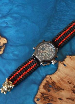 Часы amst с застежкой волк из латуни с ремешком из паракорда + брелок в подарок2 фото